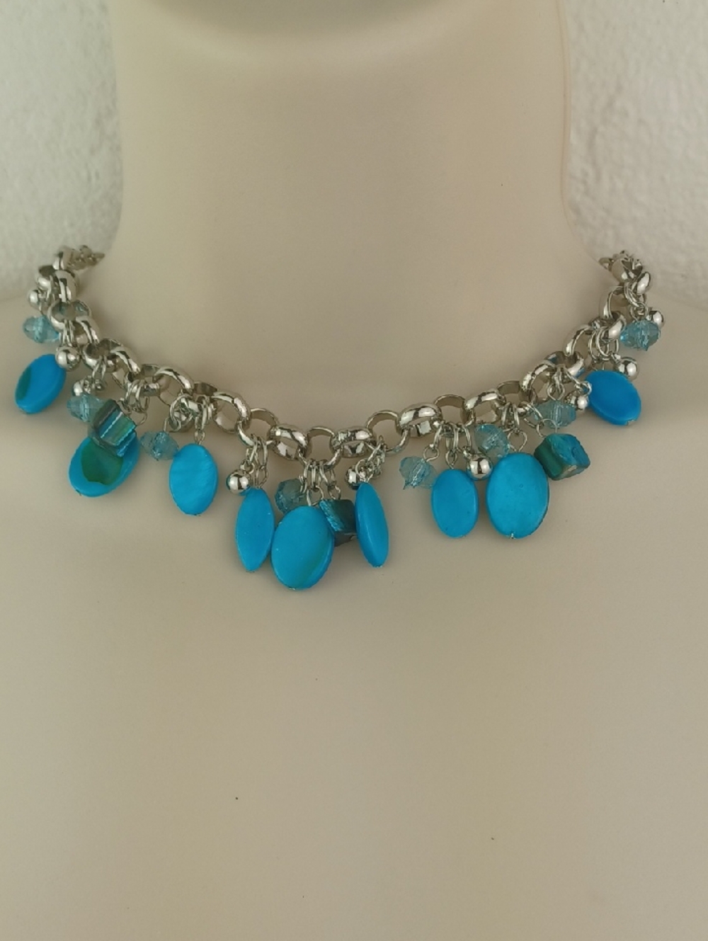 🌻 3 For $15 Turquoise & Silver Bead W/, Glazed Teal Chips Fringe Necklace